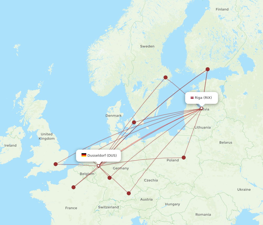 DUS to RIX flights and routes map