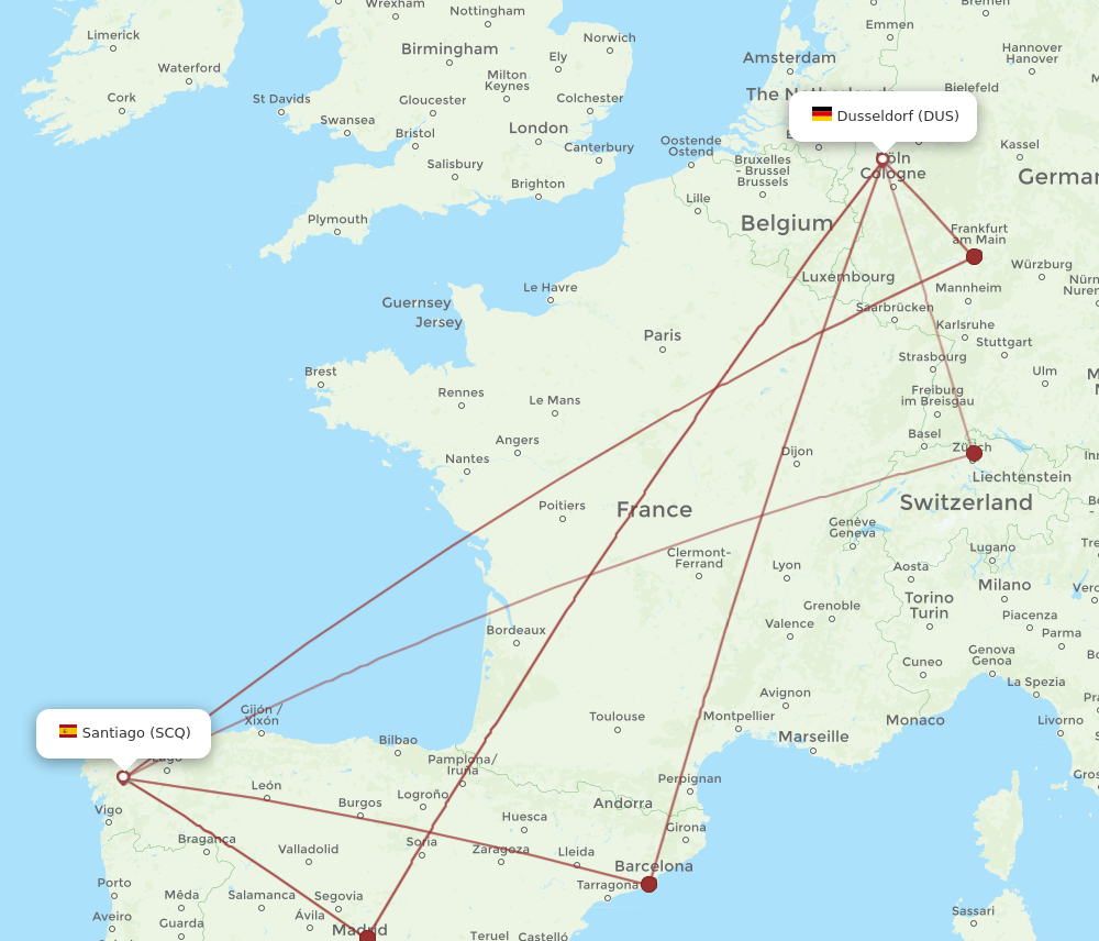 DUS to SCQ flights and routes map