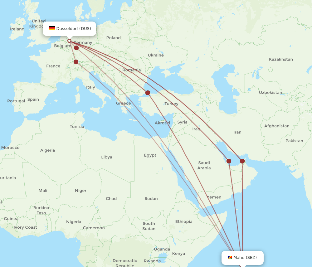 DUS to SEZ flights and routes map