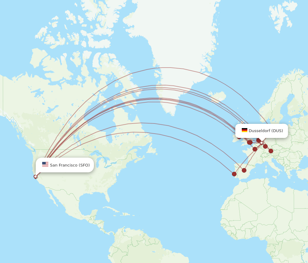 DUS to SFO flights and routes map
