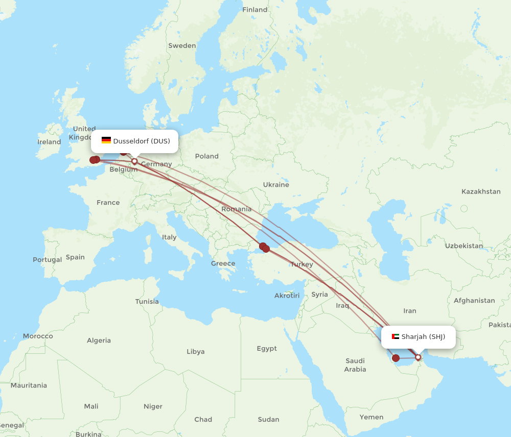 DUS to SHJ flights and routes map