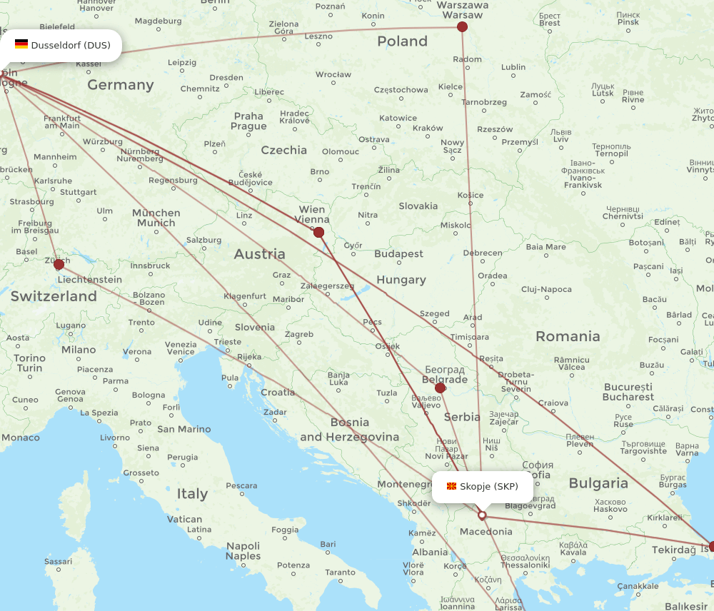 DUS to SKP flights and routes map