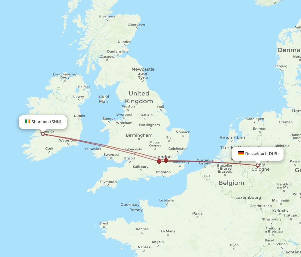 DUS to SNN flights and routes map
