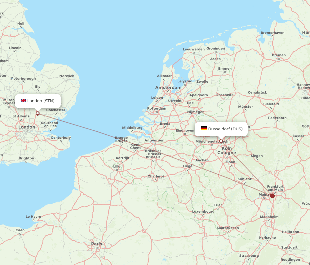 London - Dusseldorf route map and flight paths