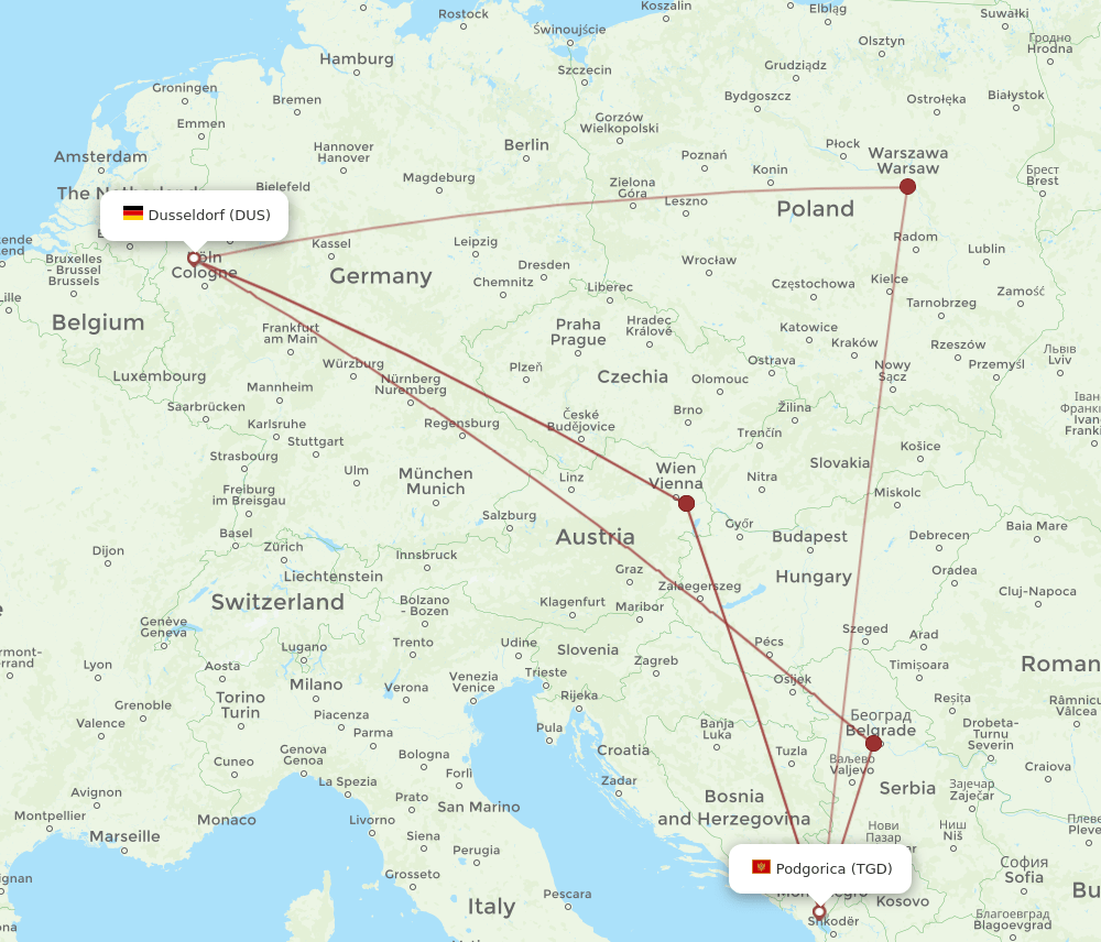 DUS-TGD flight routes