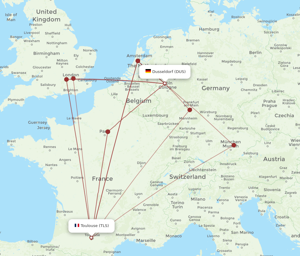DUS to TLS flights and routes map