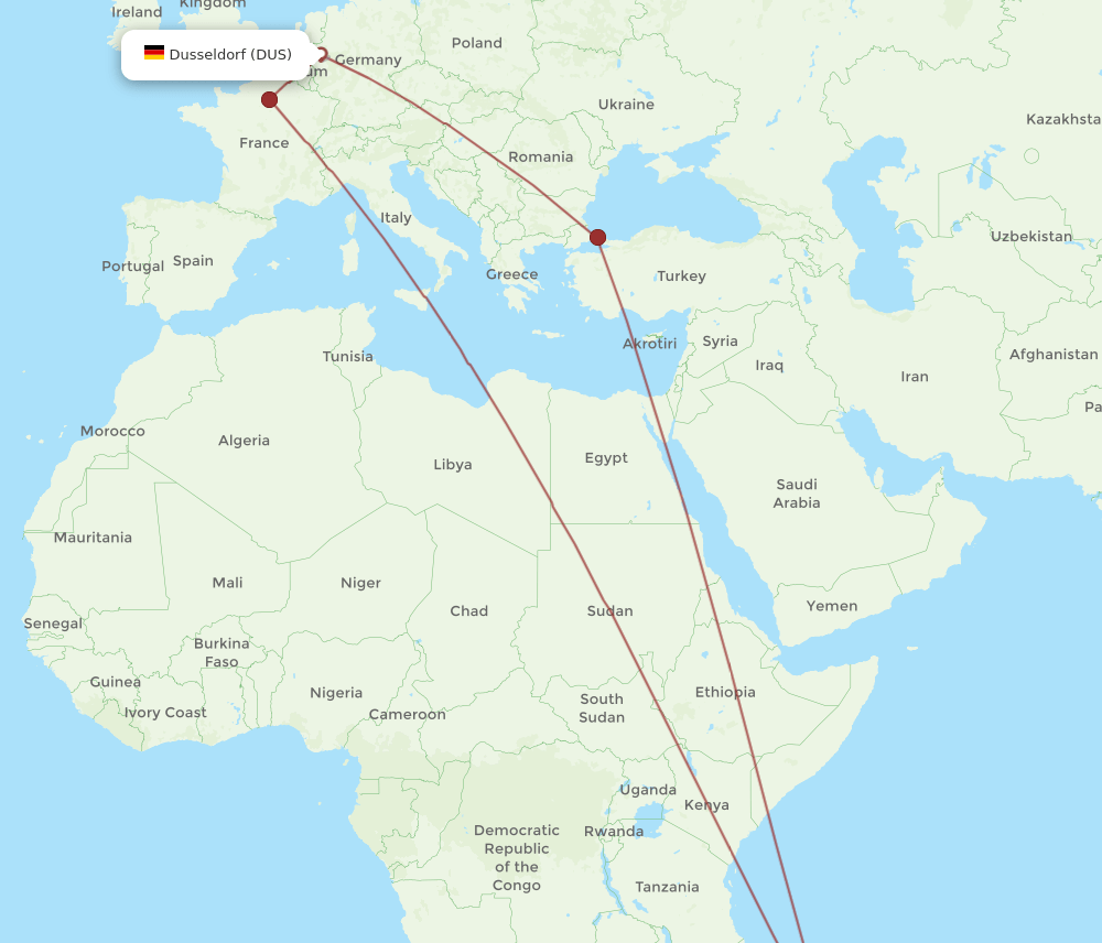 DUS-TNR flight routes