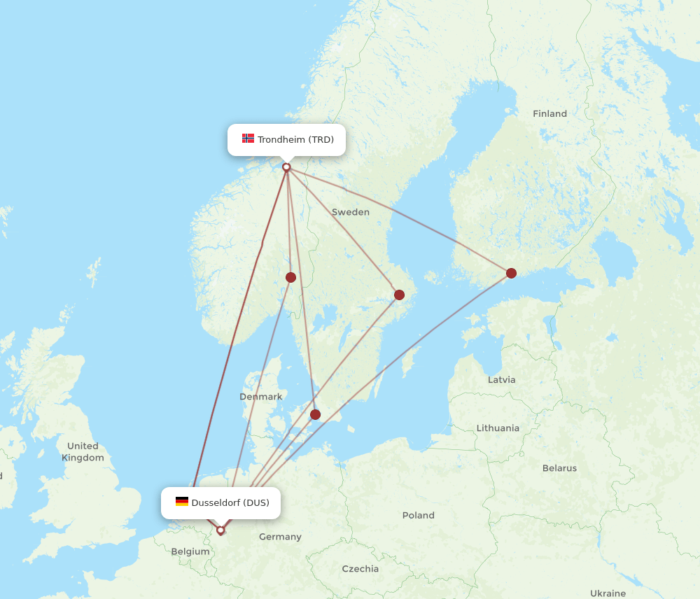 DUS to TRD flights and routes map