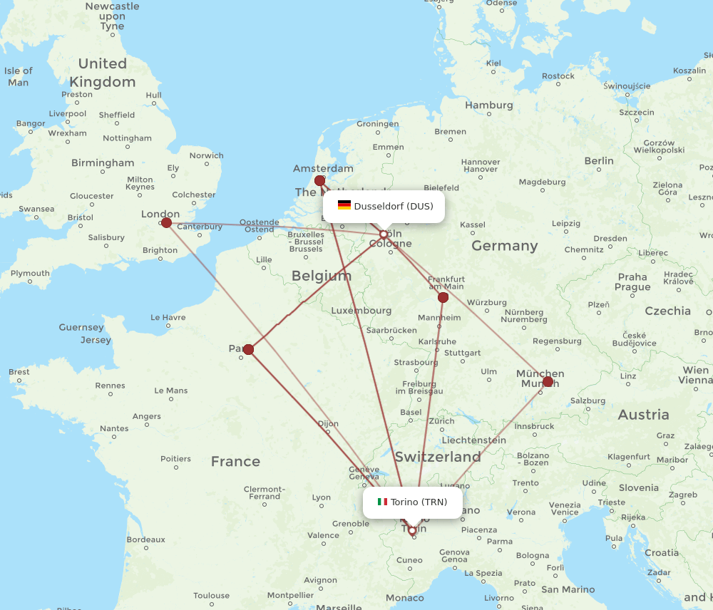 DUS to TRN flights and routes map