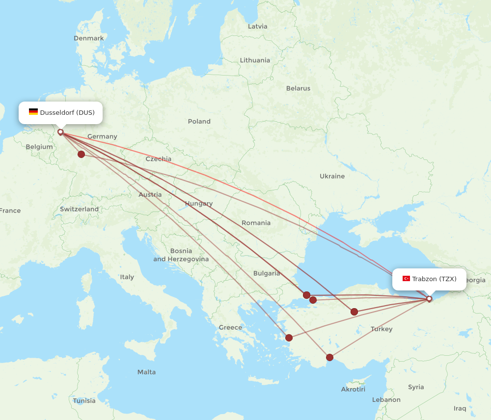 DUS to TZX flights and routes map