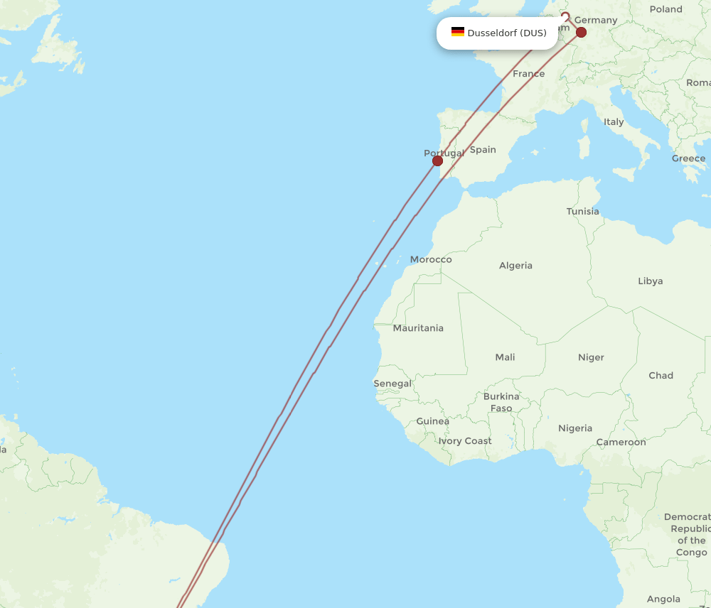 Dusseldorf - Campinas route map and flight paths