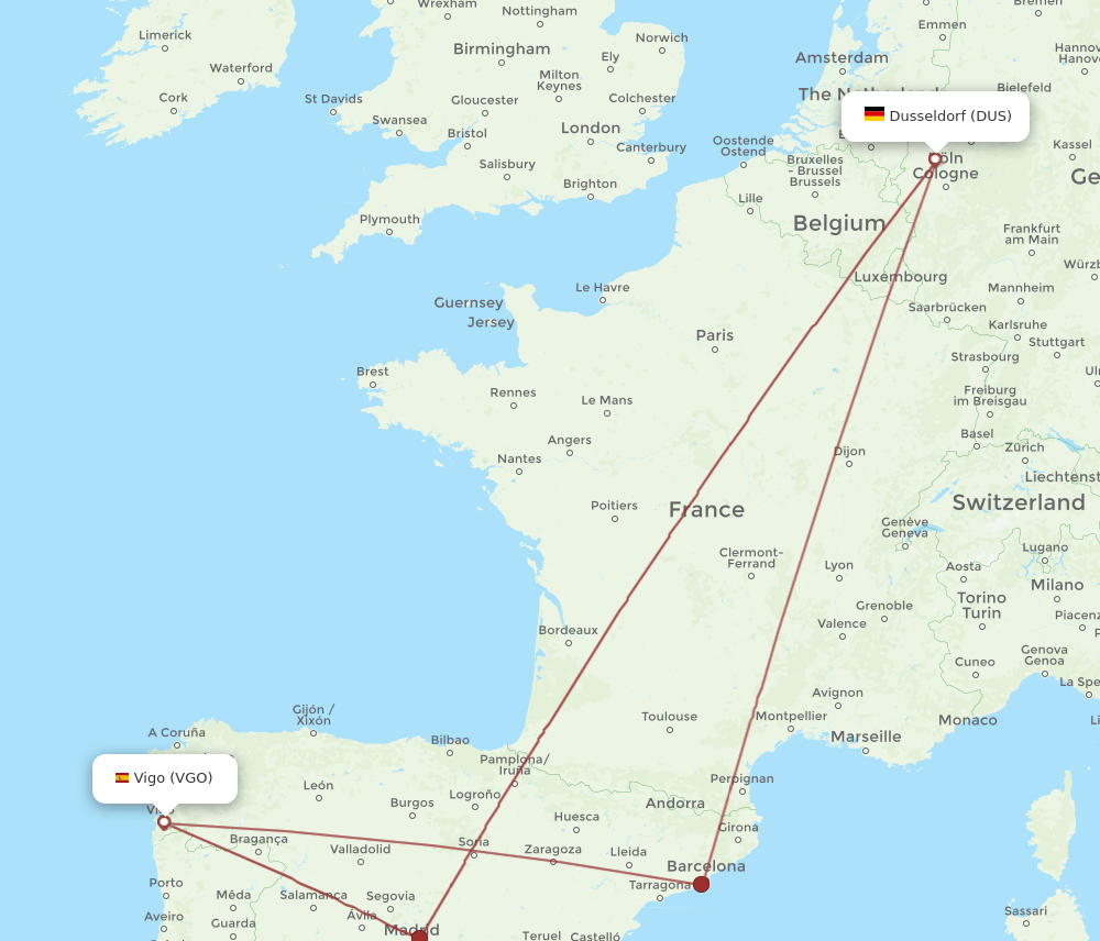 DUS to VGO flights and routes map