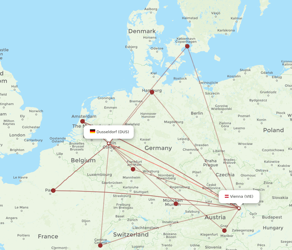 DUS to VIE flights and routes map