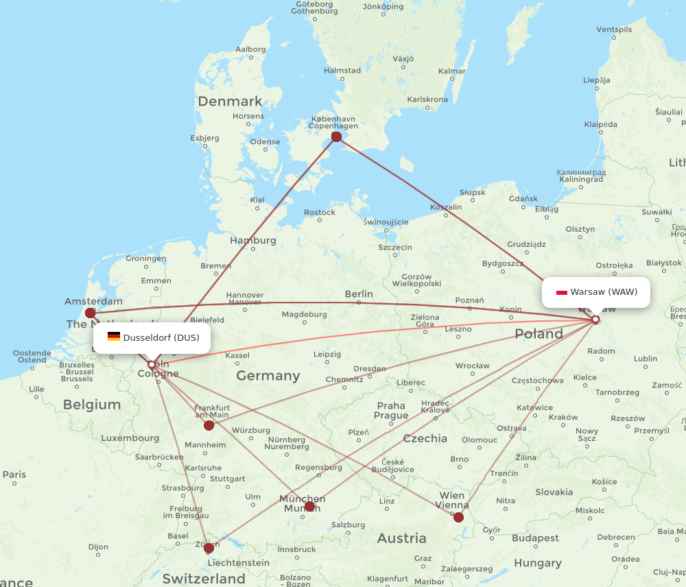 DUS to WAW flights and routes map