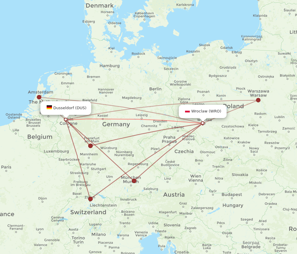 DUS to WRO flights and routes map