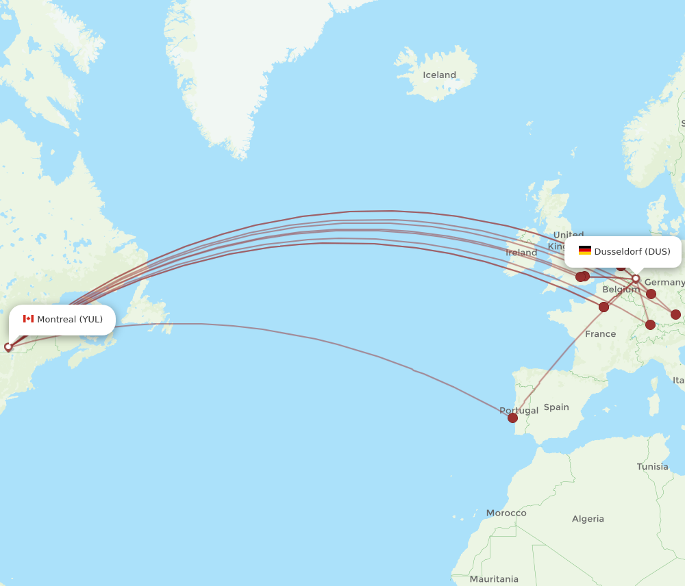 DUS to YUL flights and routes map