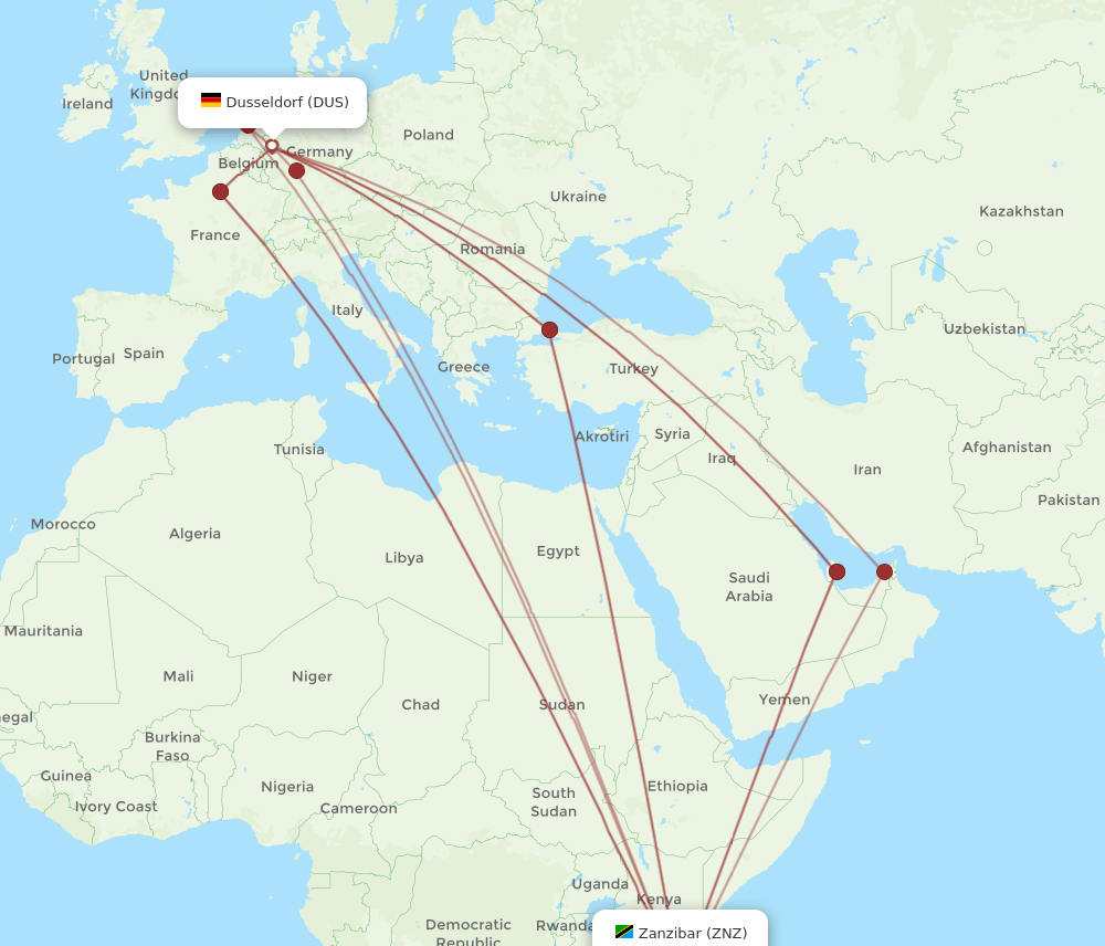 Zanzibar - Dusseldorf route map and flight paths