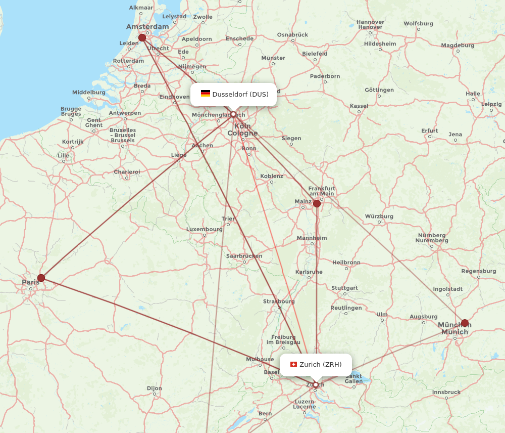 DUS to ZRH flights and routes map