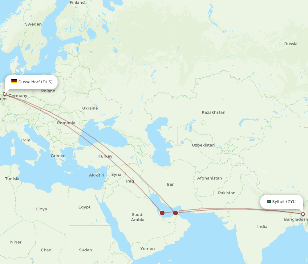 DUS-ZYL flight routes
