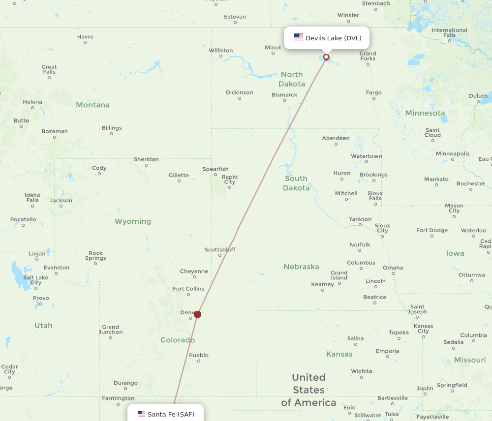 Santa Fe - Devils Lake route map and flight paths