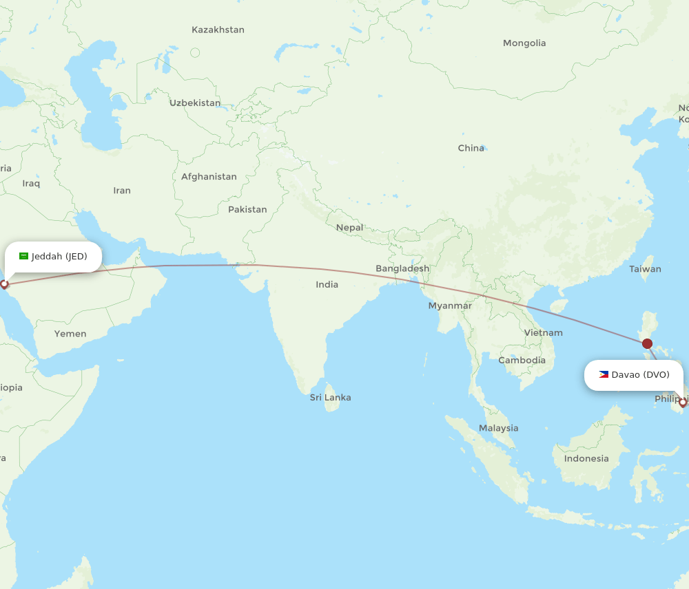 Jeddah - Davao route map and flight paths
