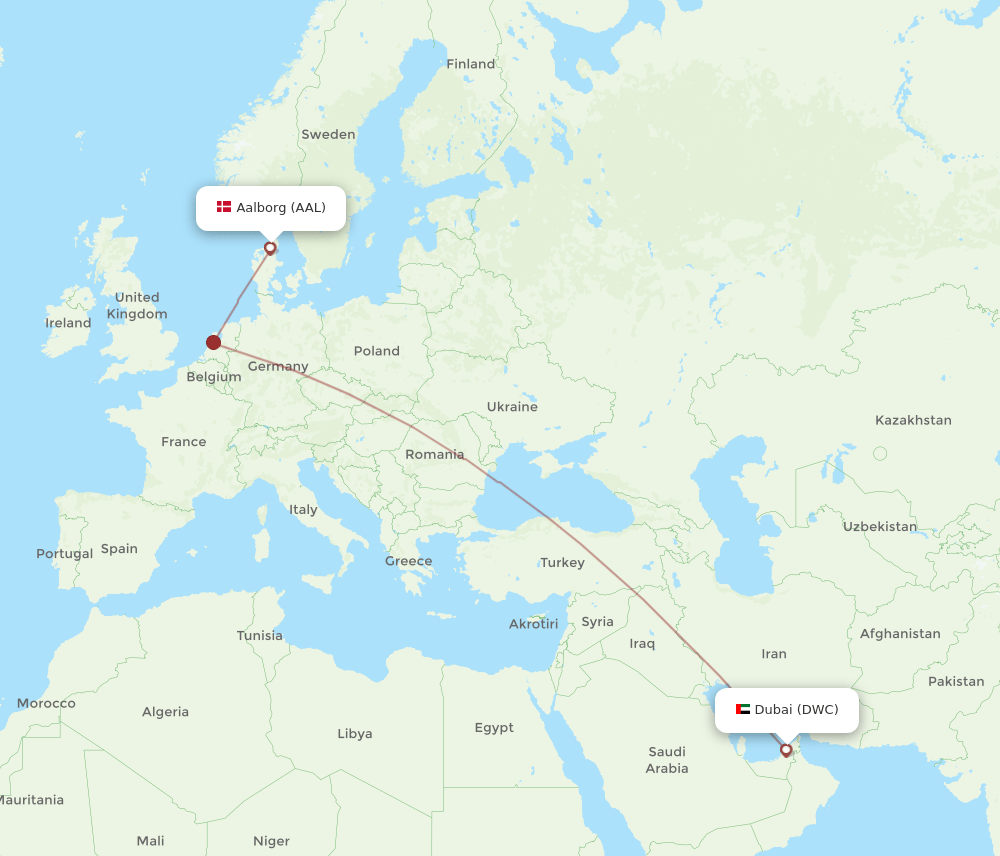Aalborg - Dubai route map and flight paths