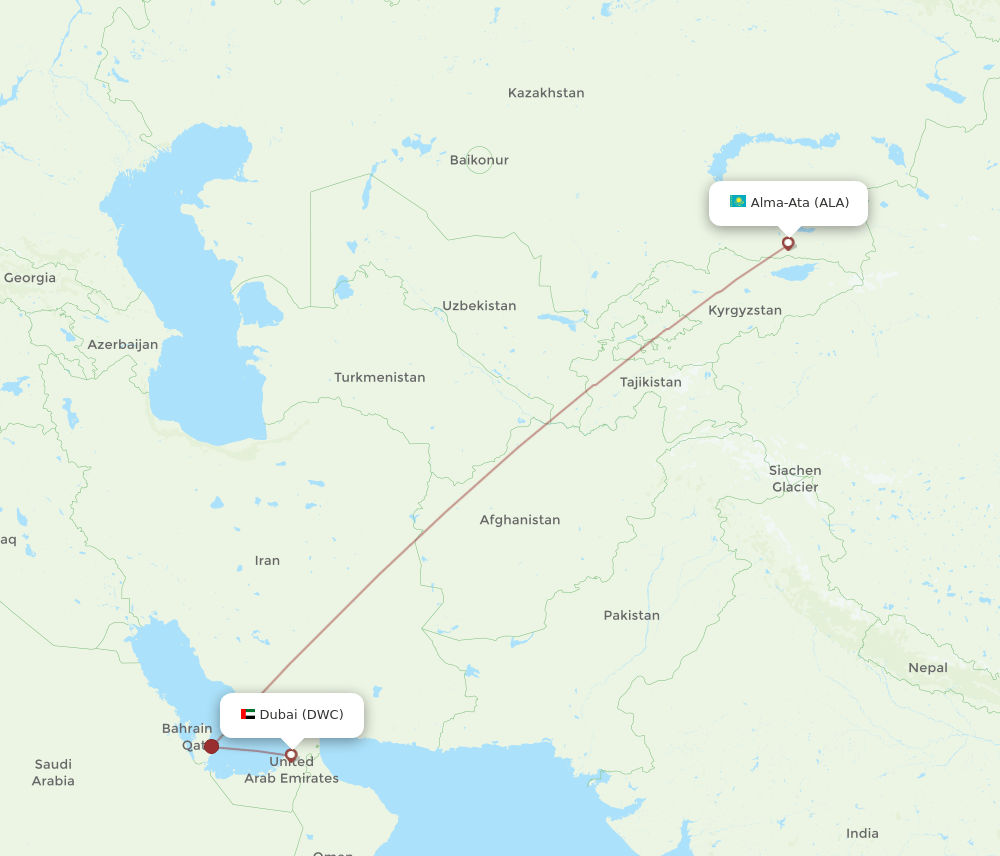 Dubai - Almaty route map and flight paths