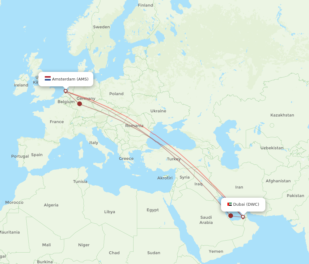 DWC to AMS flights and routes map