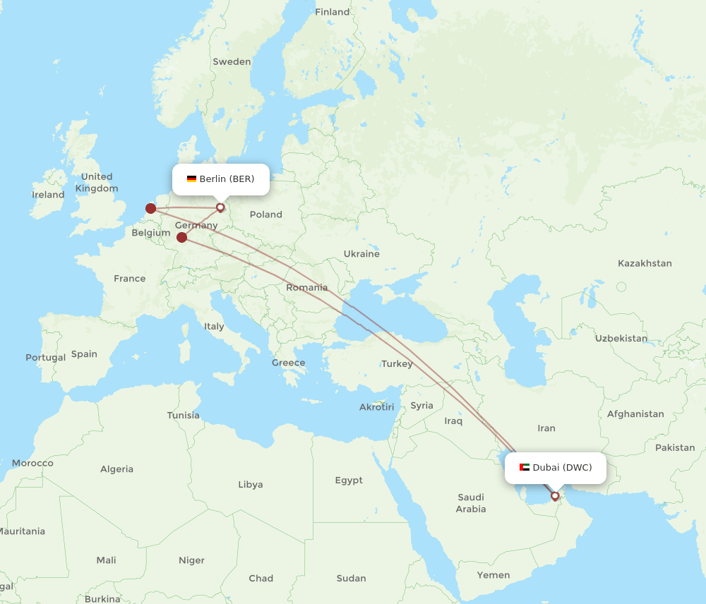 DWC to BER flights and routes map