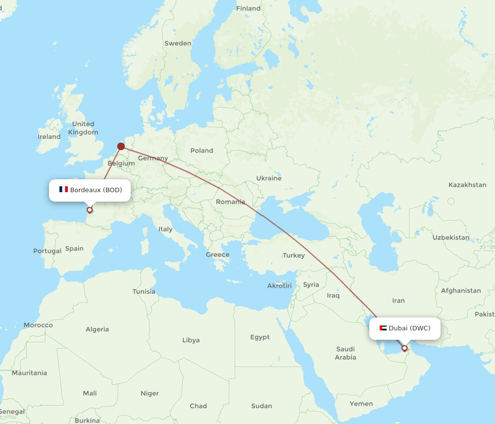 Dubai - Bordeaux route map and flight paths