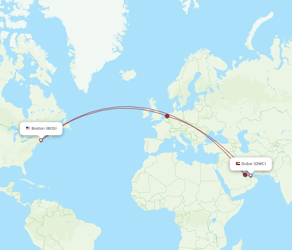 Dubai - Boston route map and flight paths