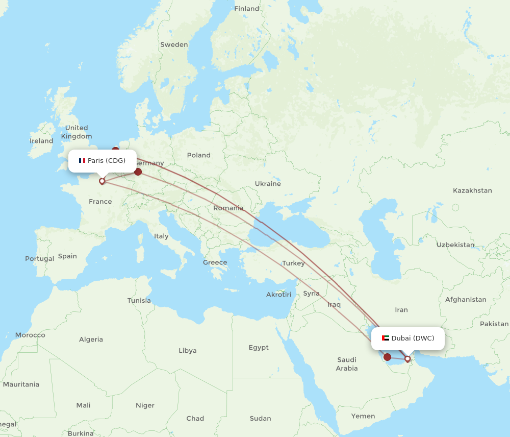 DWC to CDG flights and routes map