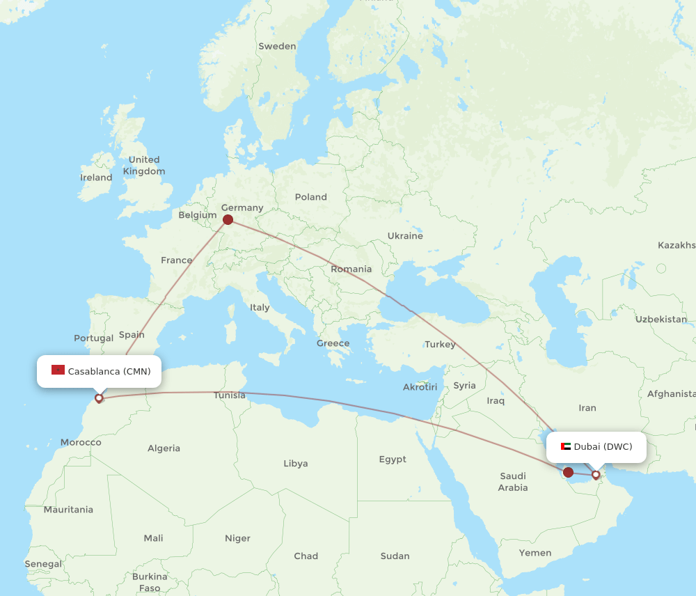 Dubai - Casablanca route map and flight paths