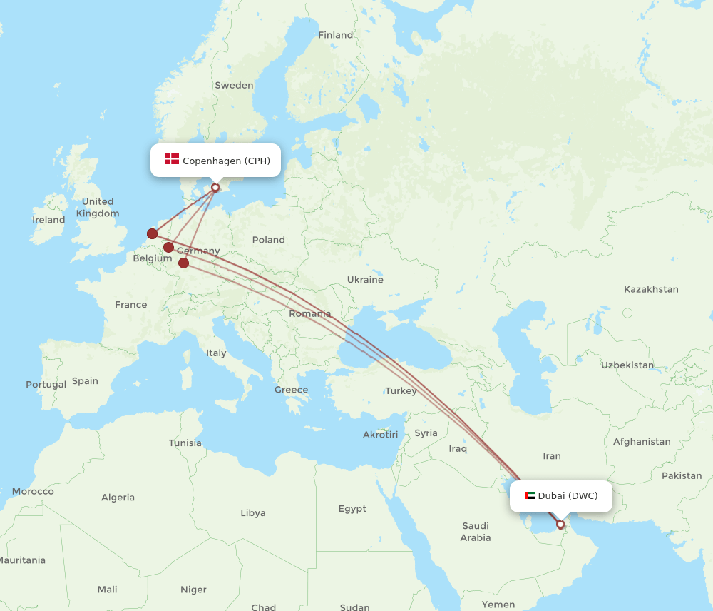 DWC-CPH flight routes