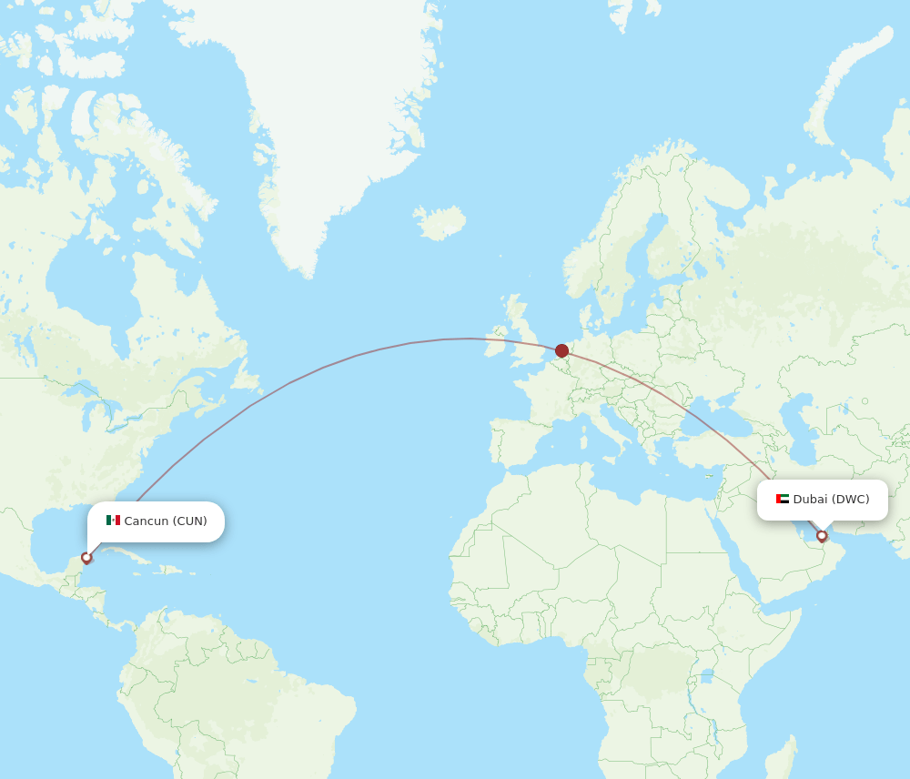Dubai - Cancun route map and flight paths