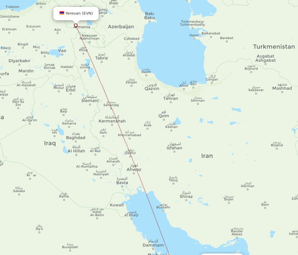 Yerevan - Dubai route map and flight paths