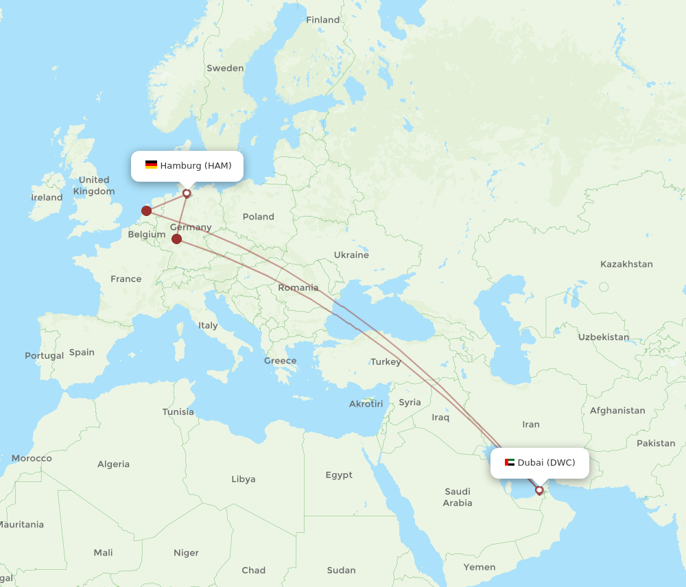 DWC to HAM flights and routes map