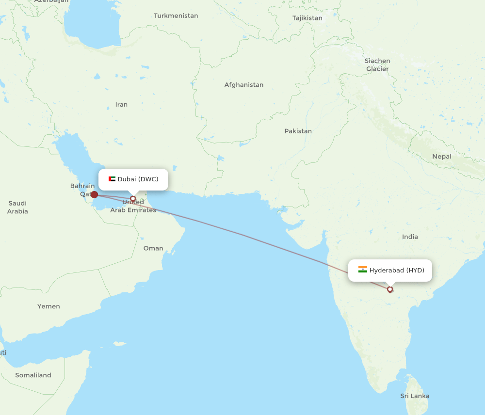 Dubai - Hyderabad route map and flight paths