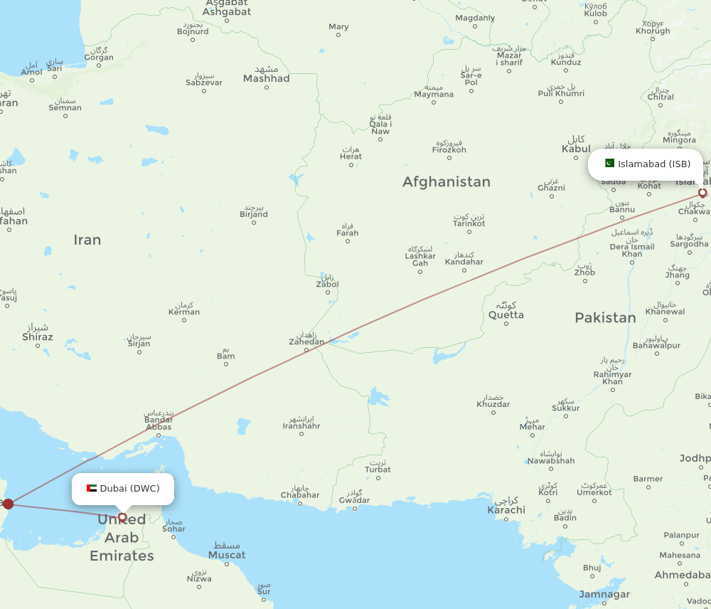 DWC to ISB flights and routes map