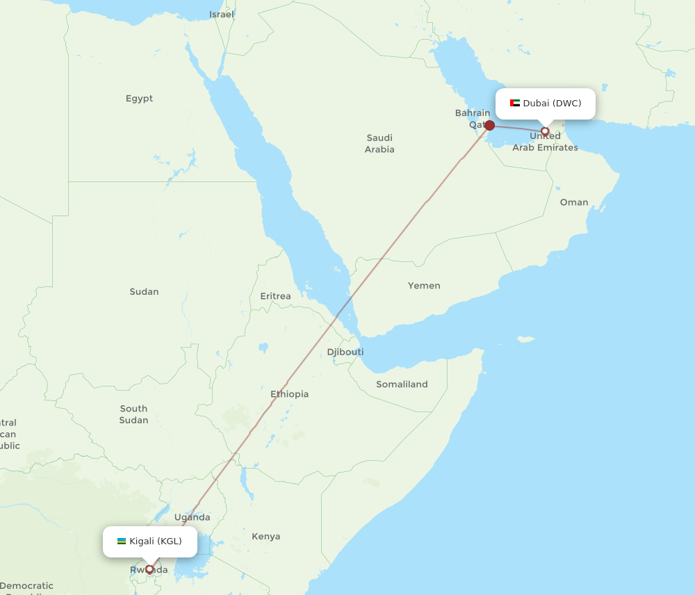Dubai - Kigali route map and flight paths