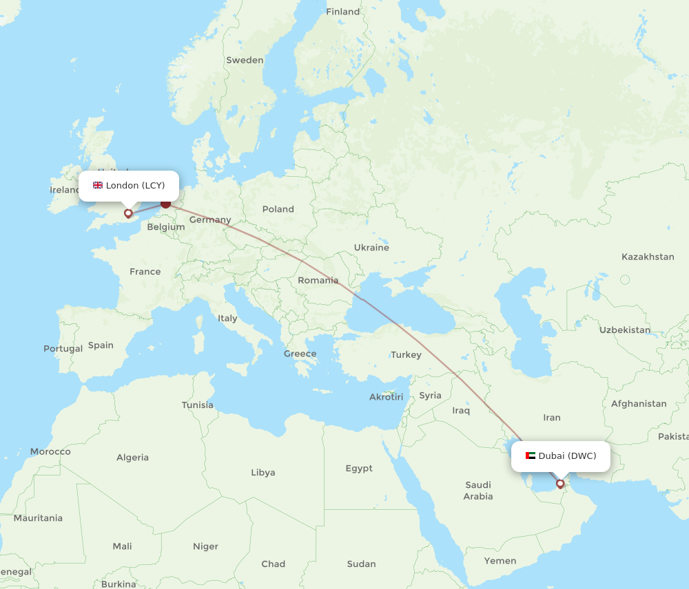 DWC to LCY flights and routes map
