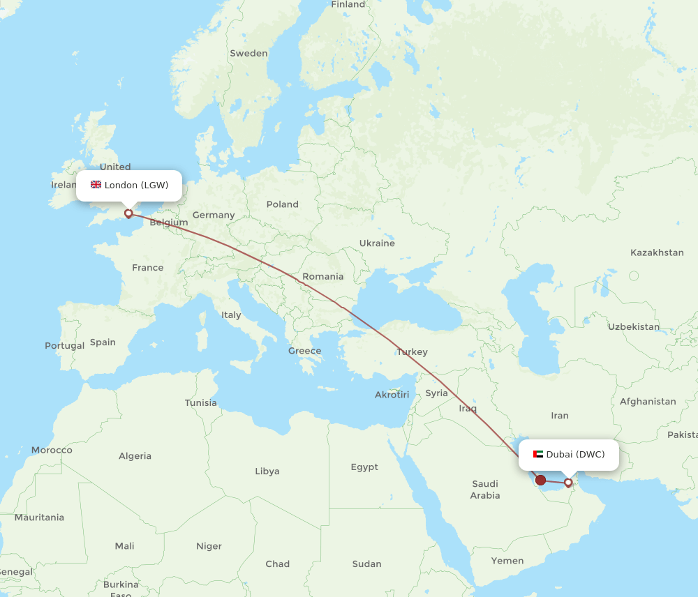 DWC-LGW flight routes