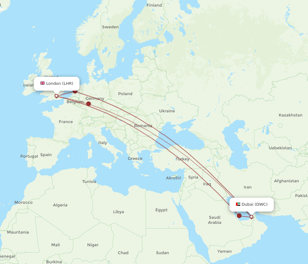 DWC to LHR flights and routes map