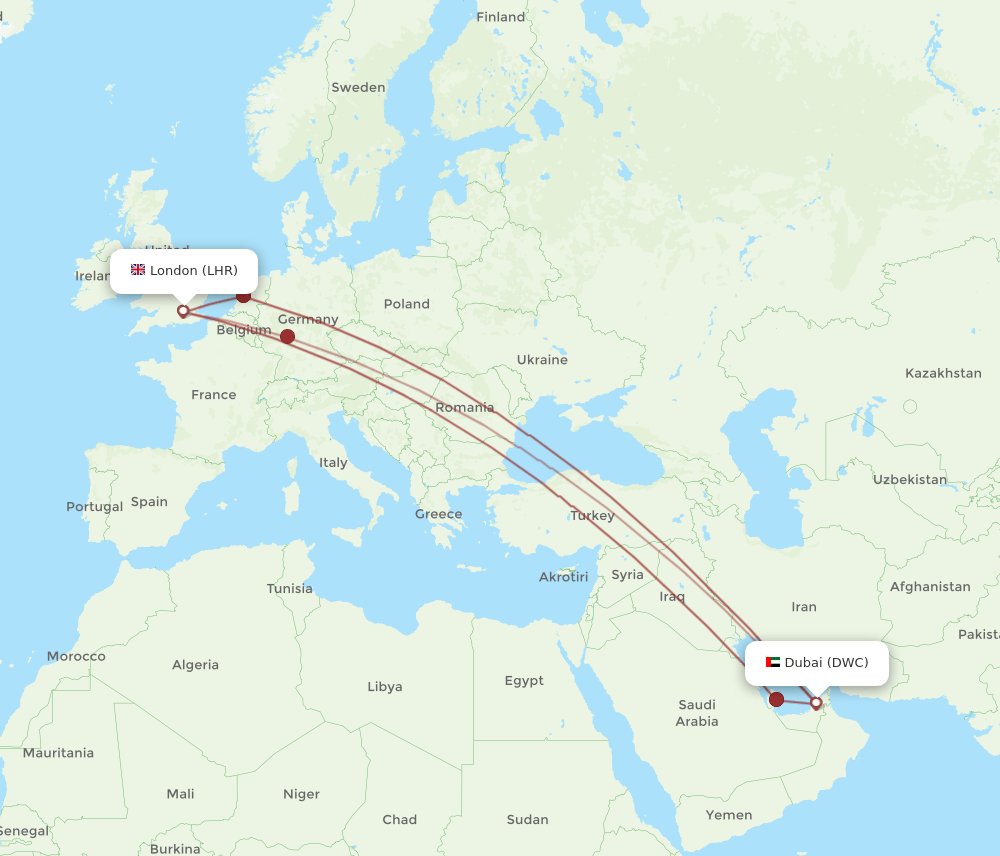 DWC-LHR flight routes