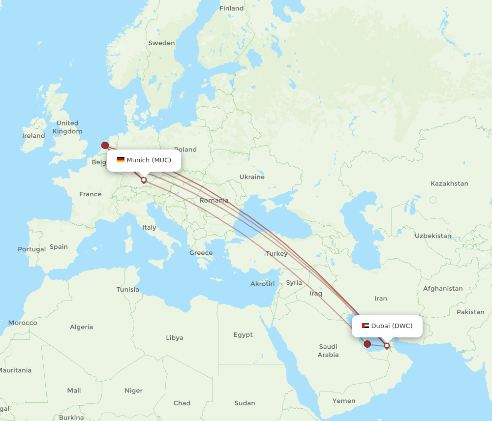 DWC to MUC flights and routes map