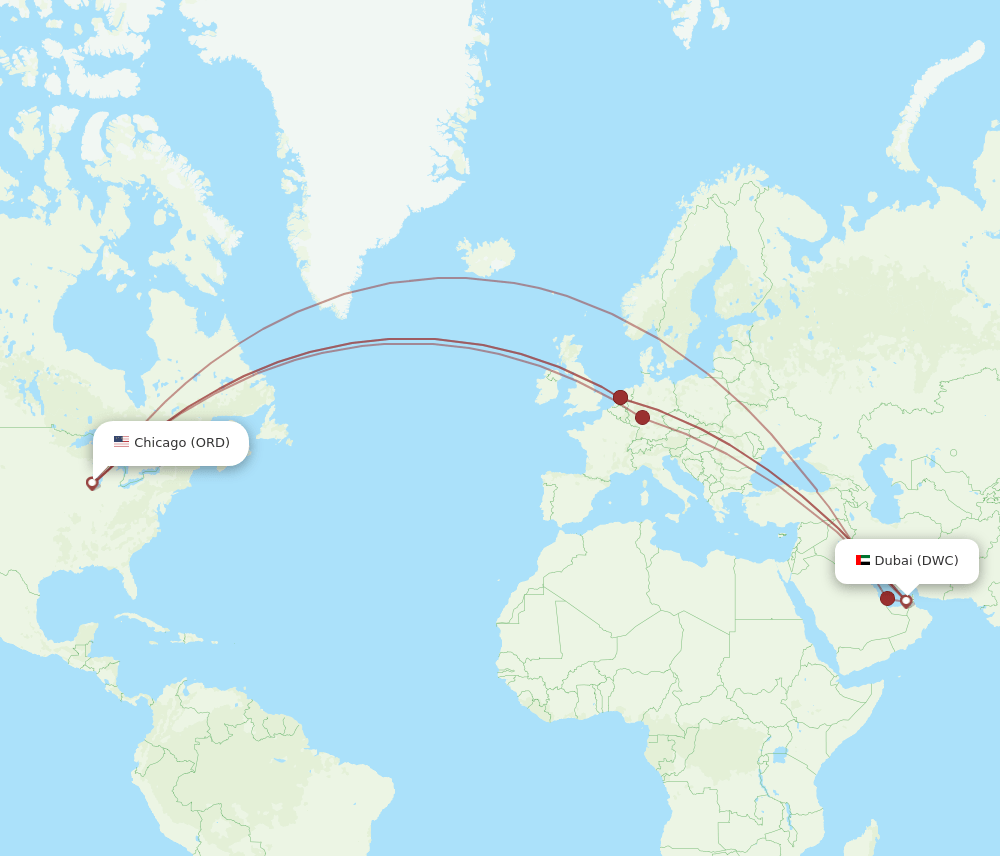 Dubai - Chicago route map and flight paths