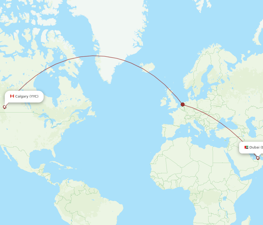Calgary - Dubai route map and flight paths