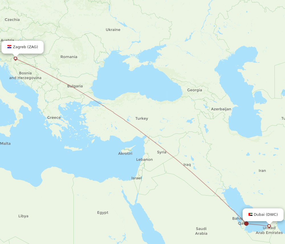 Zagreb - Dubai route map and flight paths