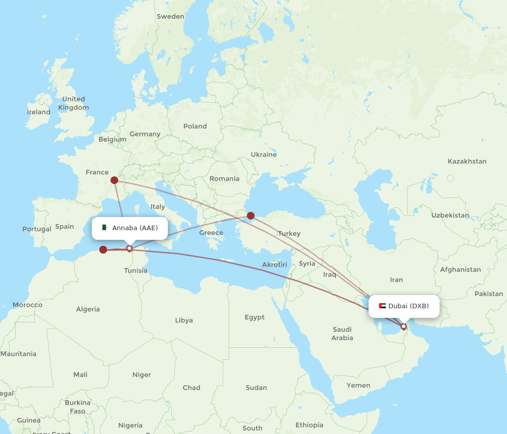 DXB to AAE flights and routes map
