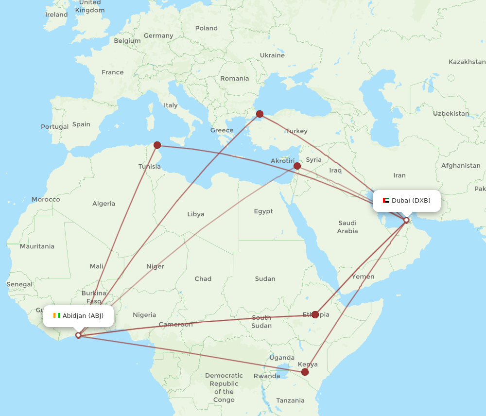DXB to ABJ flights and routes map